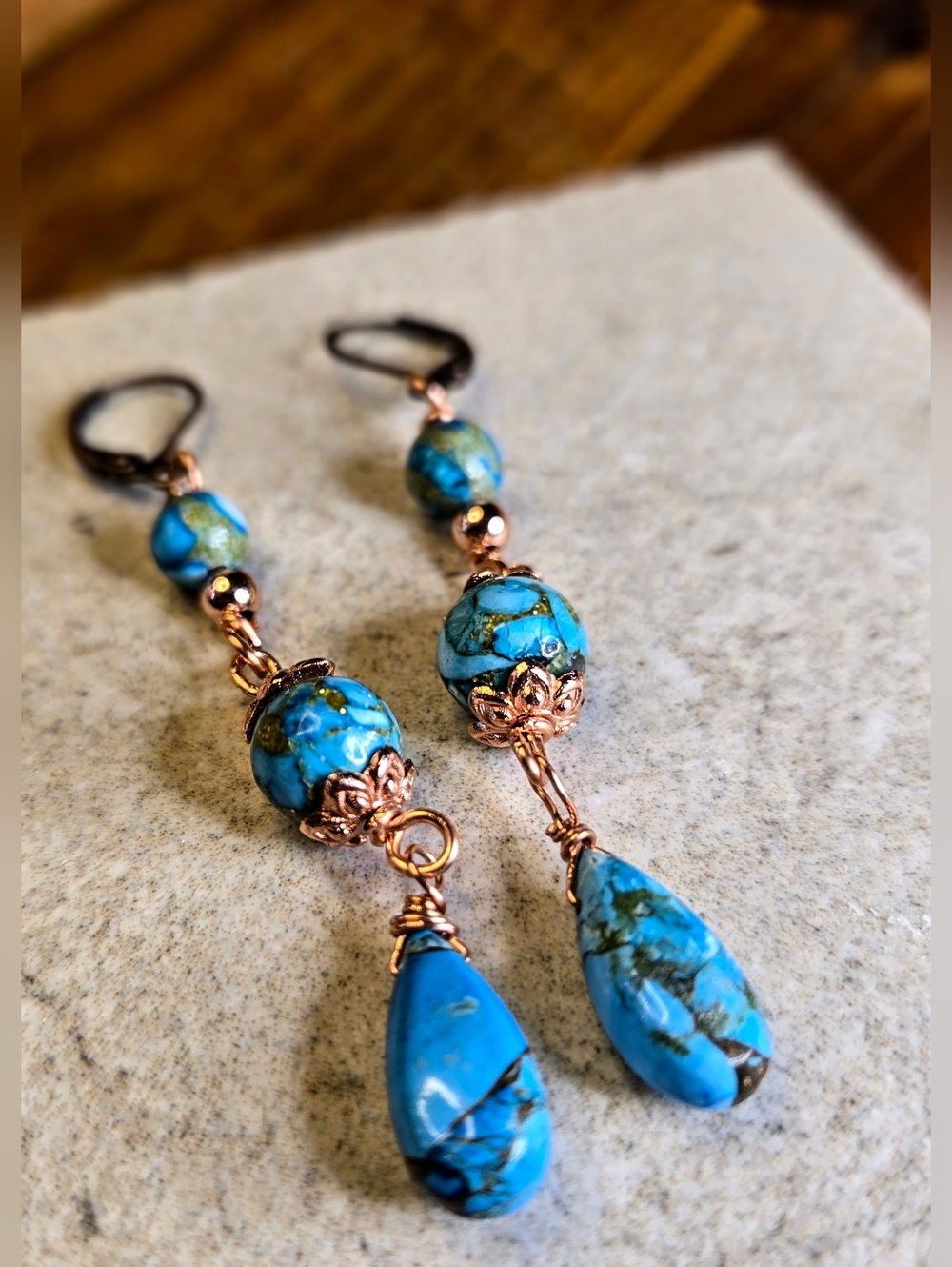 Genuine Copper Turquoise In Three Tiered Handmade Artisan Copper Earrings - Picture 2 of 8